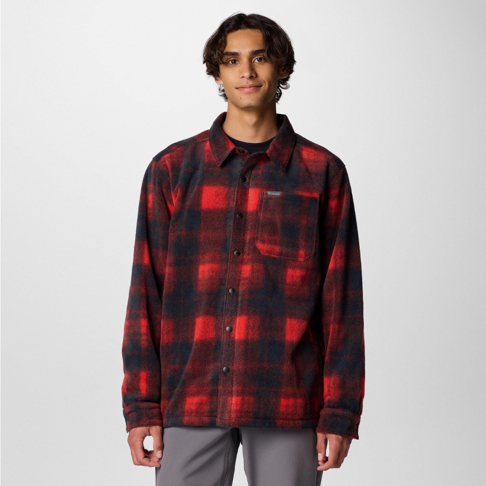 Columbia Mens Large Tall Steens Mountain Fleece Shirt Jacket Red Plaid Red Black